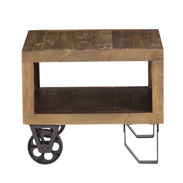 Pine Wood and Metal End Table with Wheelbarrow Base Design， Brown and Black