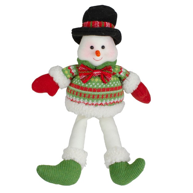 Red And Green Sitting Smiling Snowman Christmas Figure