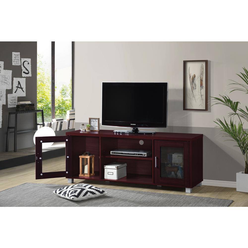 HODEDAH 57 in. Wide Mahogany Entertainment Center Fits TV's up to 60 in. HITV107 MAHOGANY