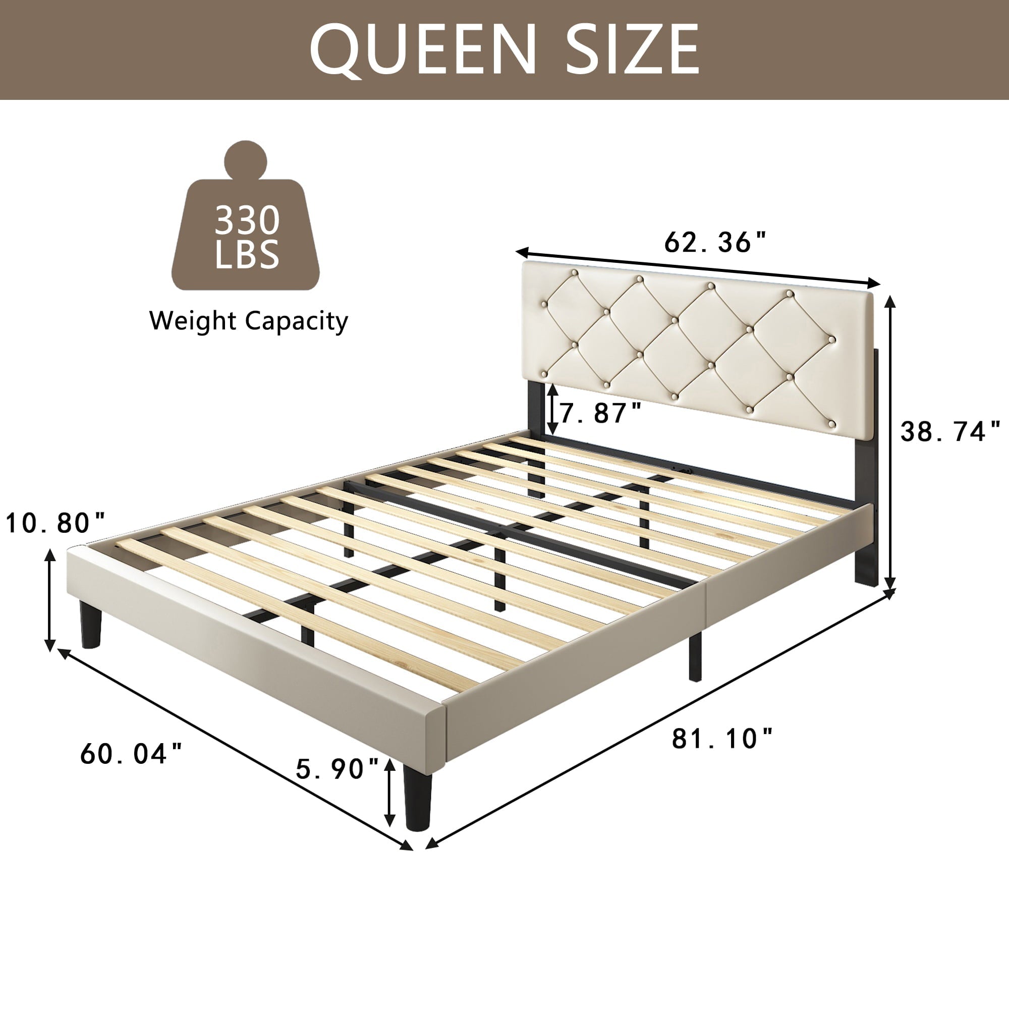 uhomepro Beige Queen Bed Frame for Adults Kids, Modern Faux Leather Upholstered Platform Bed Frame with Headboard, Queen Size Bed Frame Bedroom Furniture with Wood Slats Support, No Box Spring Needed