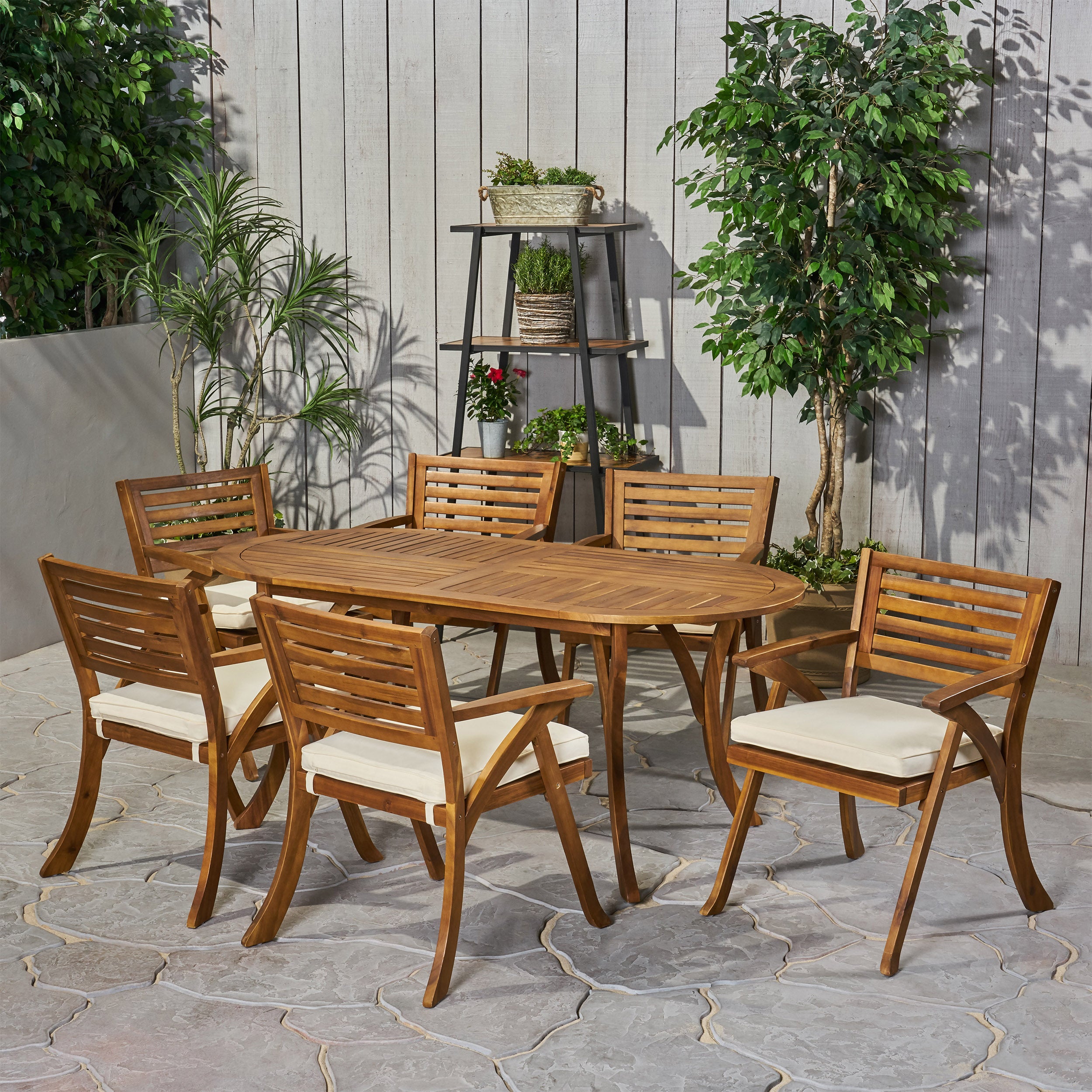 Hestia Outdoor 6 Seater Acacia Wood Oval Dining Set with Cushions