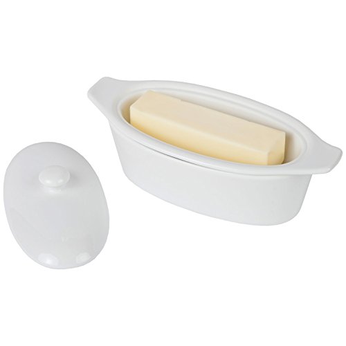 White Stoneware Butter Keeper， 3-Piece Set – Countertop Butter Crock – 8 ½” L x 4” W x 4” H Overall