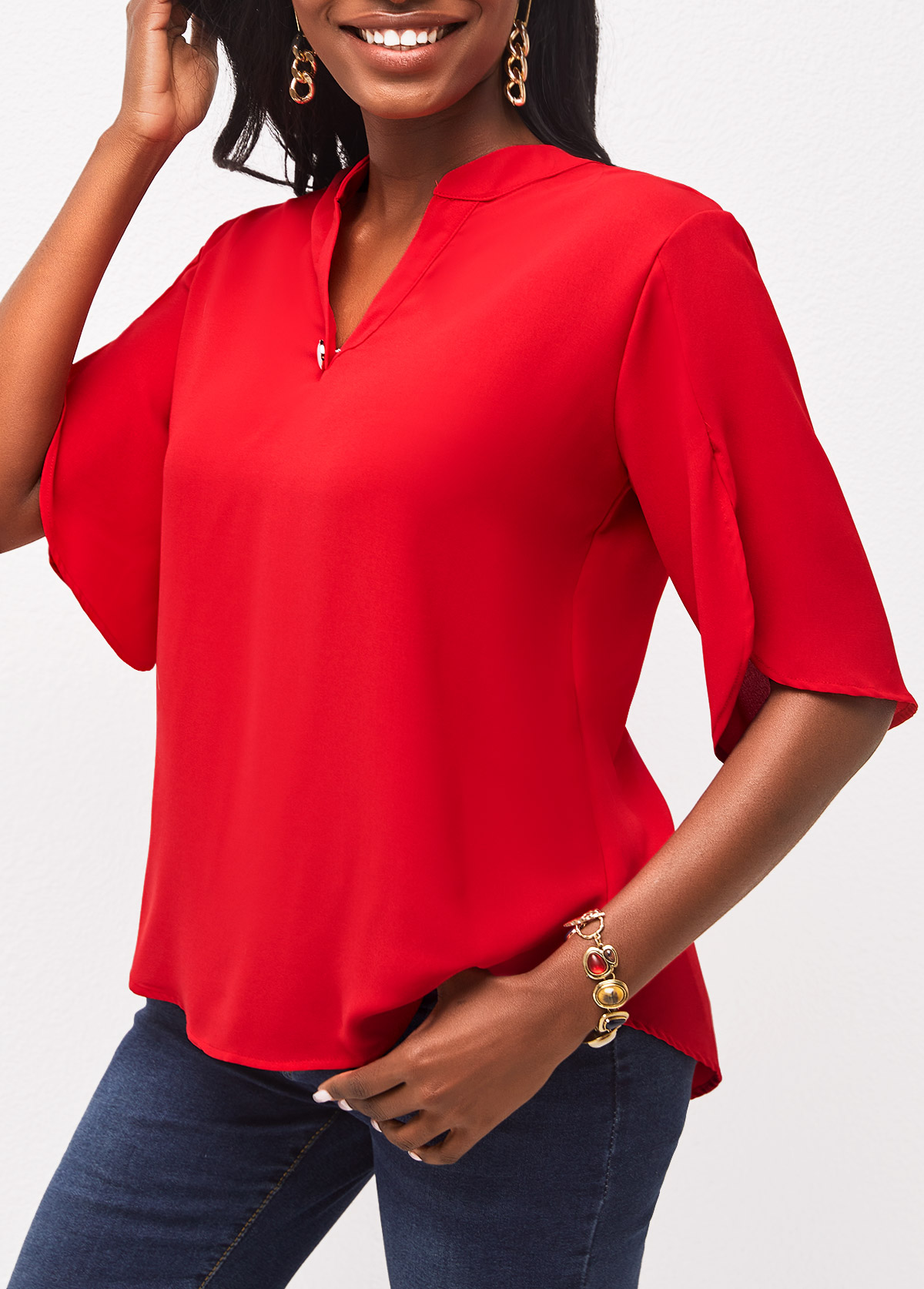 Half Sleeve Split Neck Red Blouse