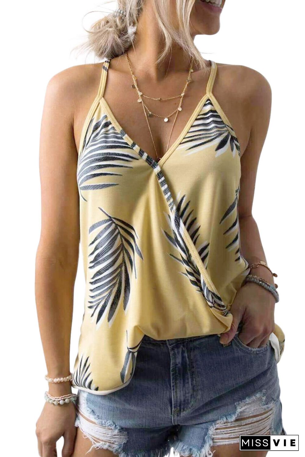 Yellow Tropical Plant Print Tank Top