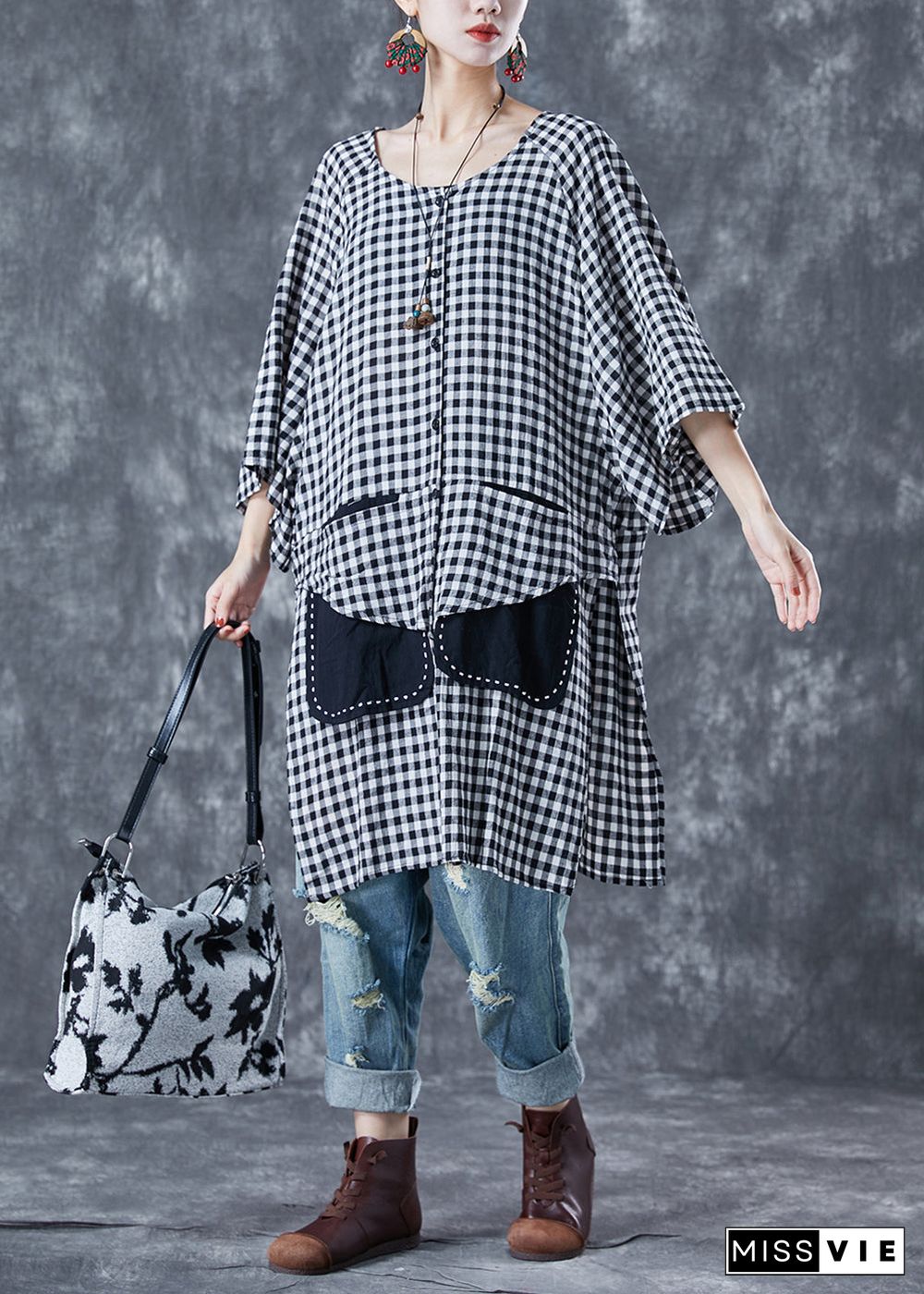 Grey Plaid Cotton Shirts Oversized Side Open Summer