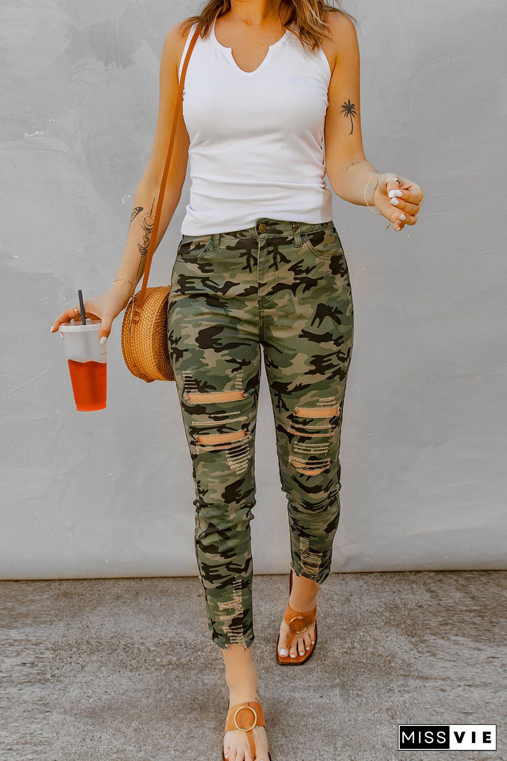 Green Camouflage Hollow out Skinny Jeans with Pocket