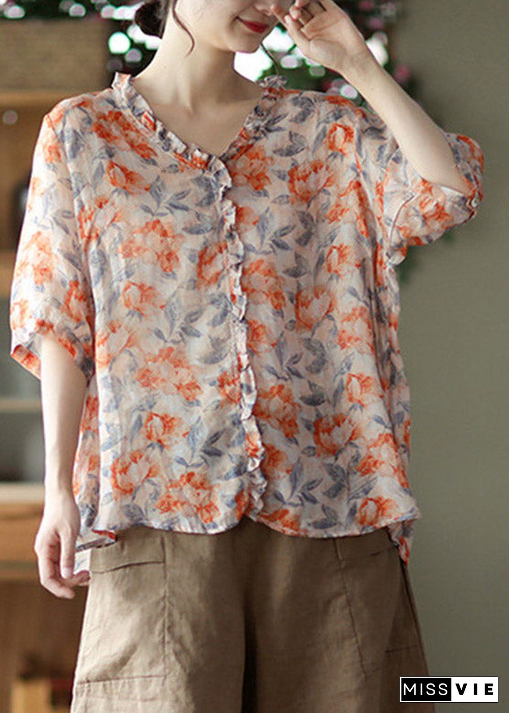 Plus Size V Neck Print Ruffled Linen Tops Half Sleeve