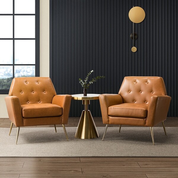 Lilia Classic Leather Button-Tufted Arm Chair with Gold Metal Legs Set of 2 by HULALA HOME