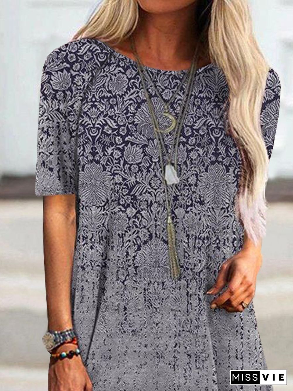 Boho Geometric Tribal Floral Loosen Crew Neck Tunic Short Sleeve T-Shirt