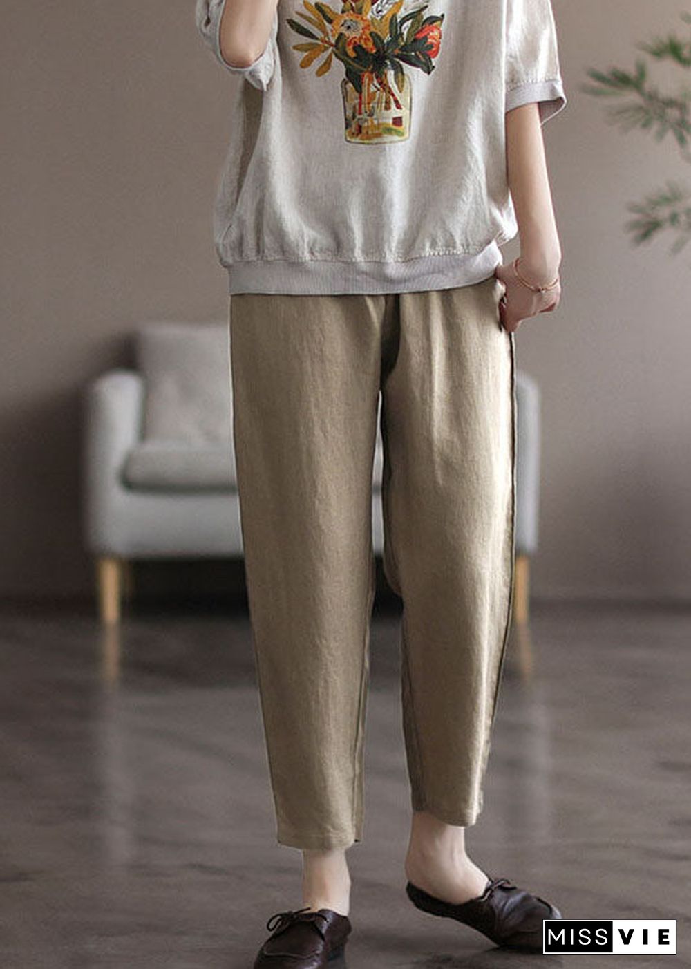 Khaki Pockets Linen Harem Pants High Waist Summer