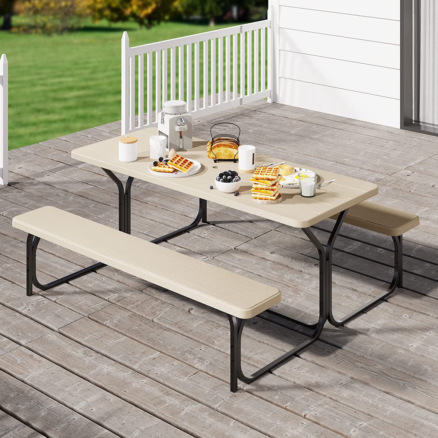 DWVO Picnic Table 6ft Heavy Duty Outdoor Picnic Table and Bench Resin Tabletop and Stable Steel Frame w/Umbrella Hole for Yard Patio Lawn Party Light Brown