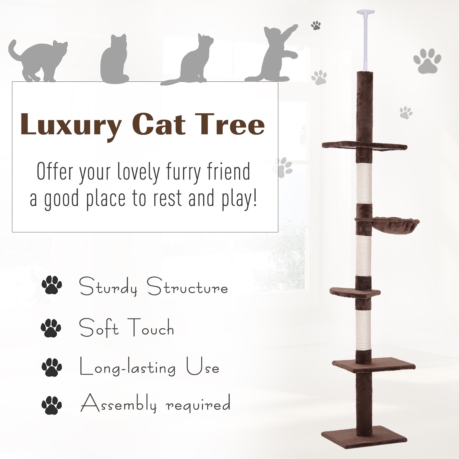 Pawhut 9' Adjustable Height Floor-To-Ceiling Vertical Cat Tree - Brown and White