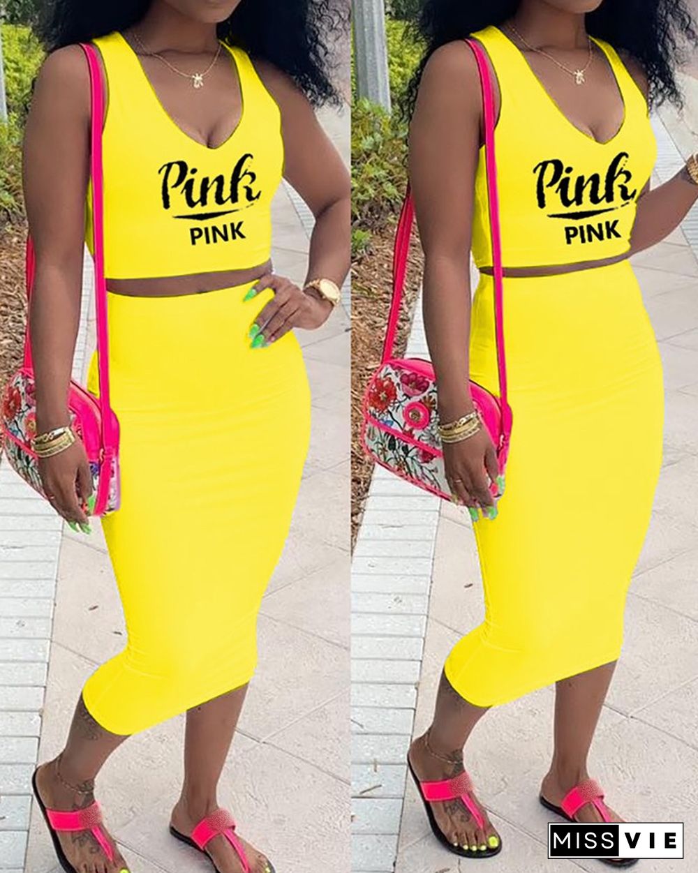 Letter Print V-Neck Crop Top & Plain Midi Skirt Set