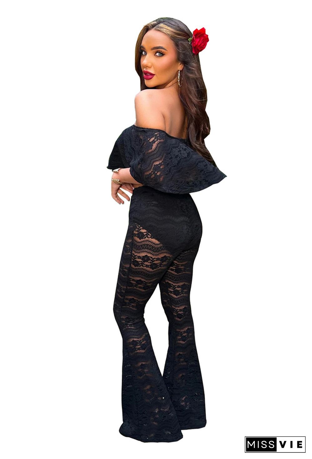 Black Lace Off Shoulder Crop Top and Flare Pant Suits