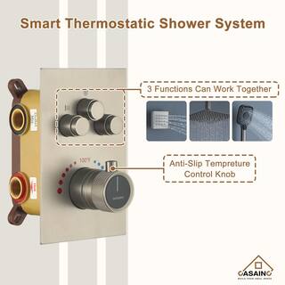 CASAINC 6-Spray 12 in. Thermostatic Dual Shower Heads Ceiling Mount Fixed and Handheld Shower Head 2.5 GPM in Brushed Nickel CS6221-12BN