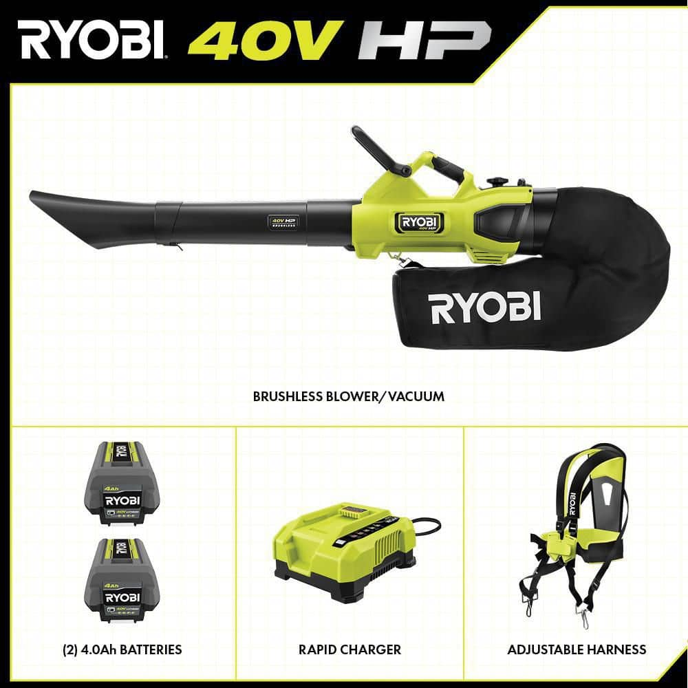 RYOBI 40V HP Brushless 100 MPH 600 CFM Cordless Leaf Blower/Mulcher/Vacuum with (2) 4.0 Ah Batteries and Charger RY404150