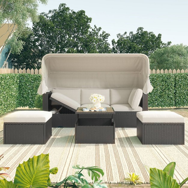 4pc Outdoor Wicker Rectangle Daybed With Canopy amp Cushions Beige Godeer