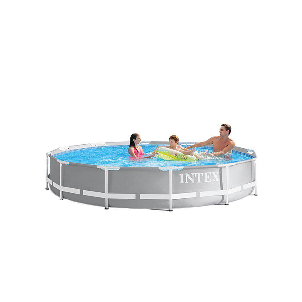 Intex Round 12 ft. Prism Frame Above Ground Swimming Pool Bundled with Above Ground Ladder 30 in. H 26711EH + 28066E