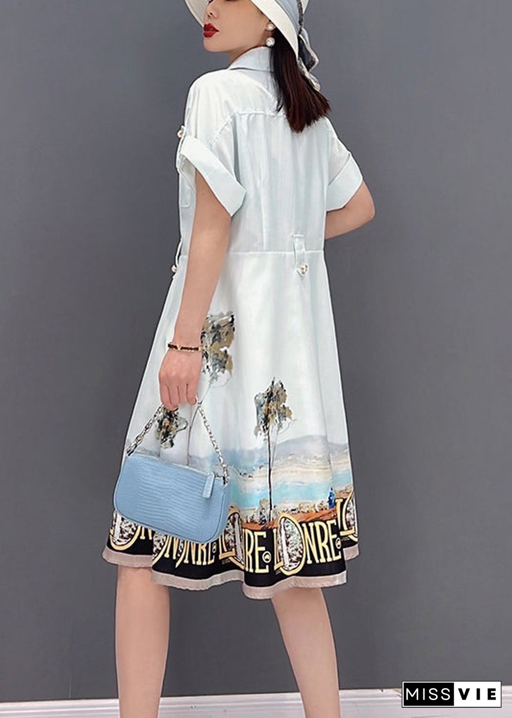 Beautiful White Button Peter Pan Collar Pockets Print Silk Shirt Dress Short Sleeve