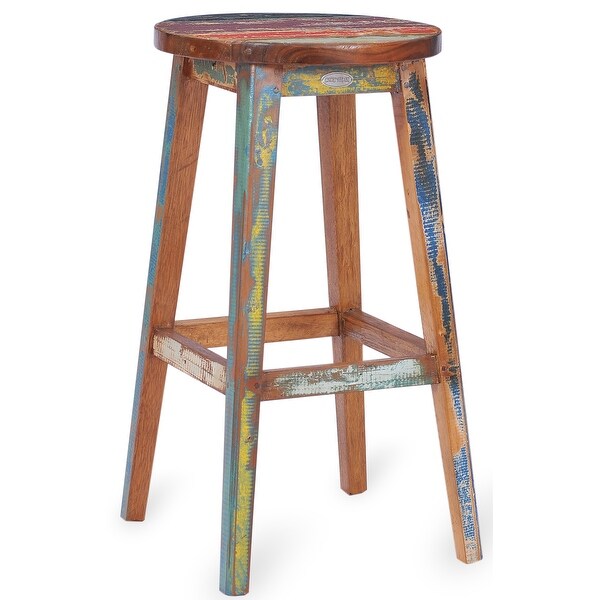 Chic Teak Marina Del Rey Round Recycled Teak Wood Boat Barstool