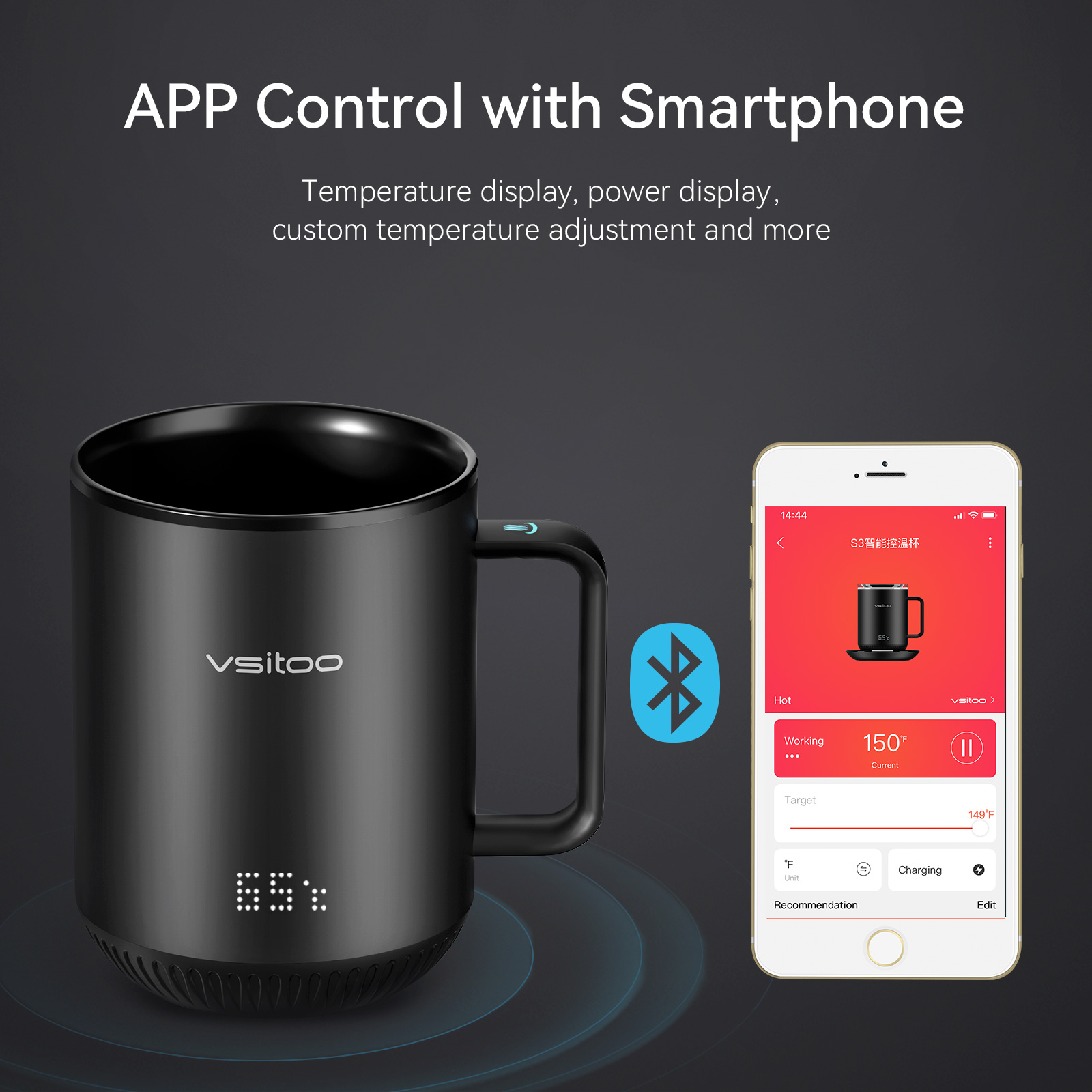 vsitoo S3 Temperature Control Smart Mug 2 with Lid， Self Heating Coffee Mug 10 oz， LED Display， 90 Min Battery Life - AppandManual Controlled Heated Coffee Mug - Improved Design， Coffee Gifts， Black