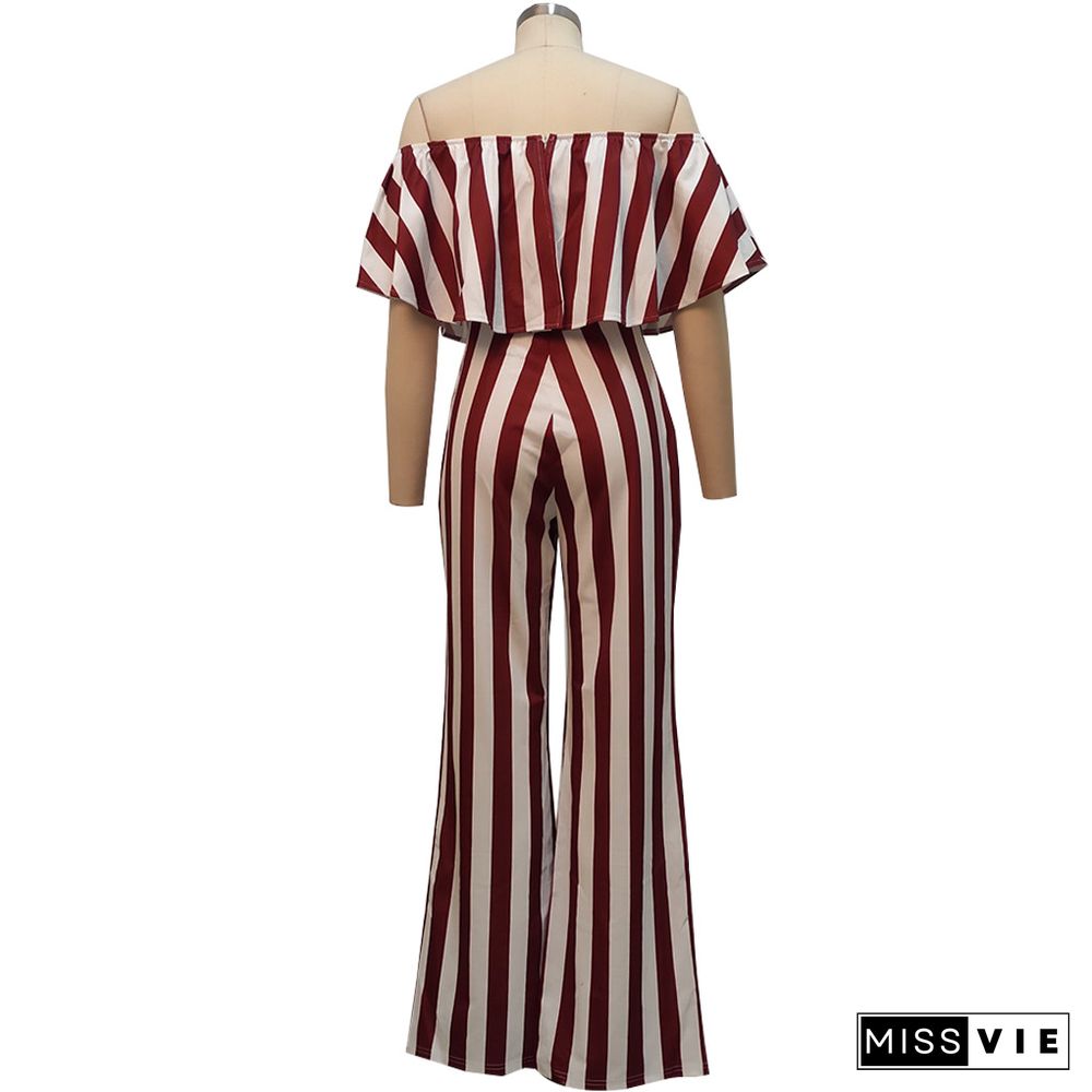 Striped Off Shoulder Wide Leg Jumpsuits