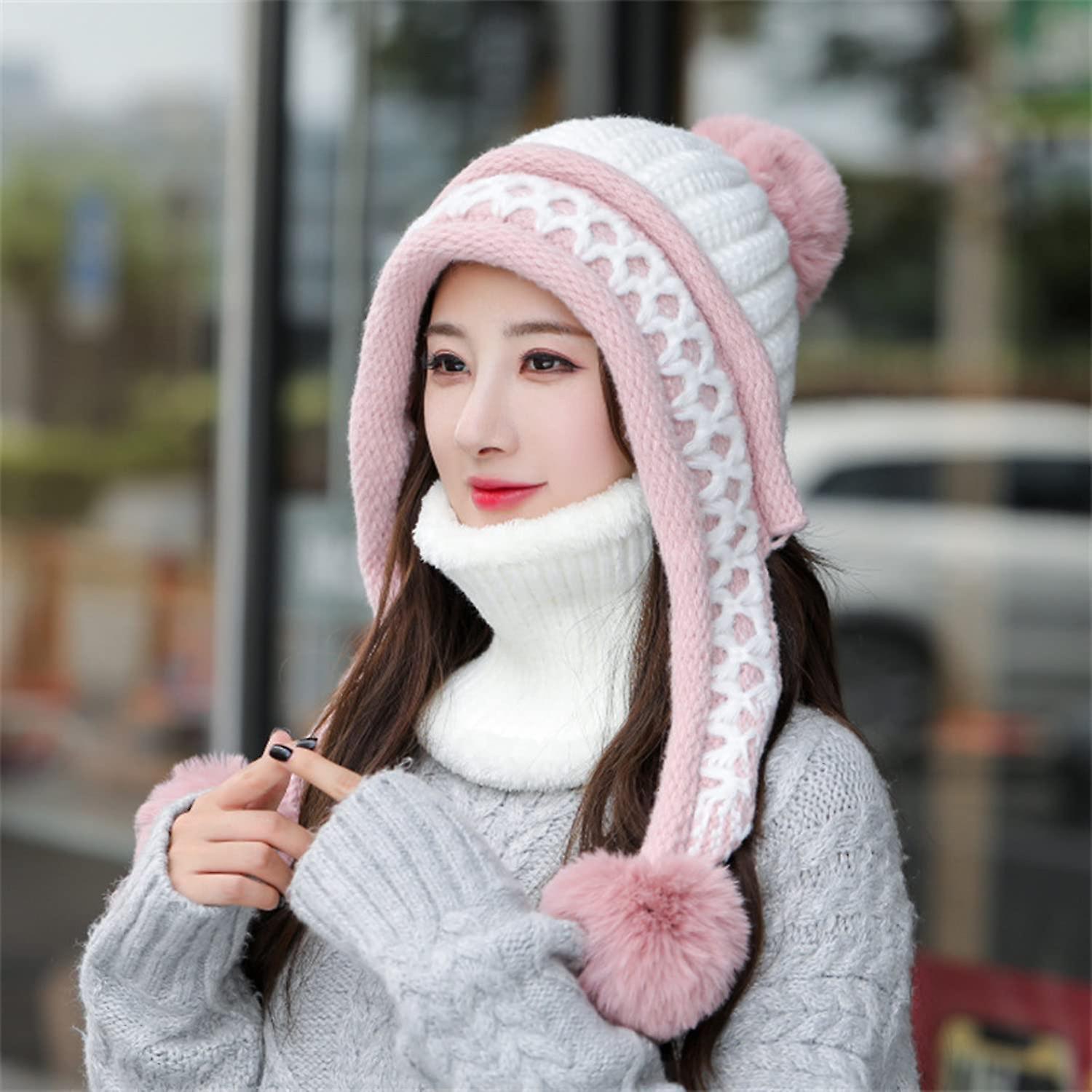 Women Winter Beanie Hat Peruvian Circle Scarf Set Ski Ear Flaps Caps Dual Layered Fleece Lined Pompoms Z15022-fenbai -