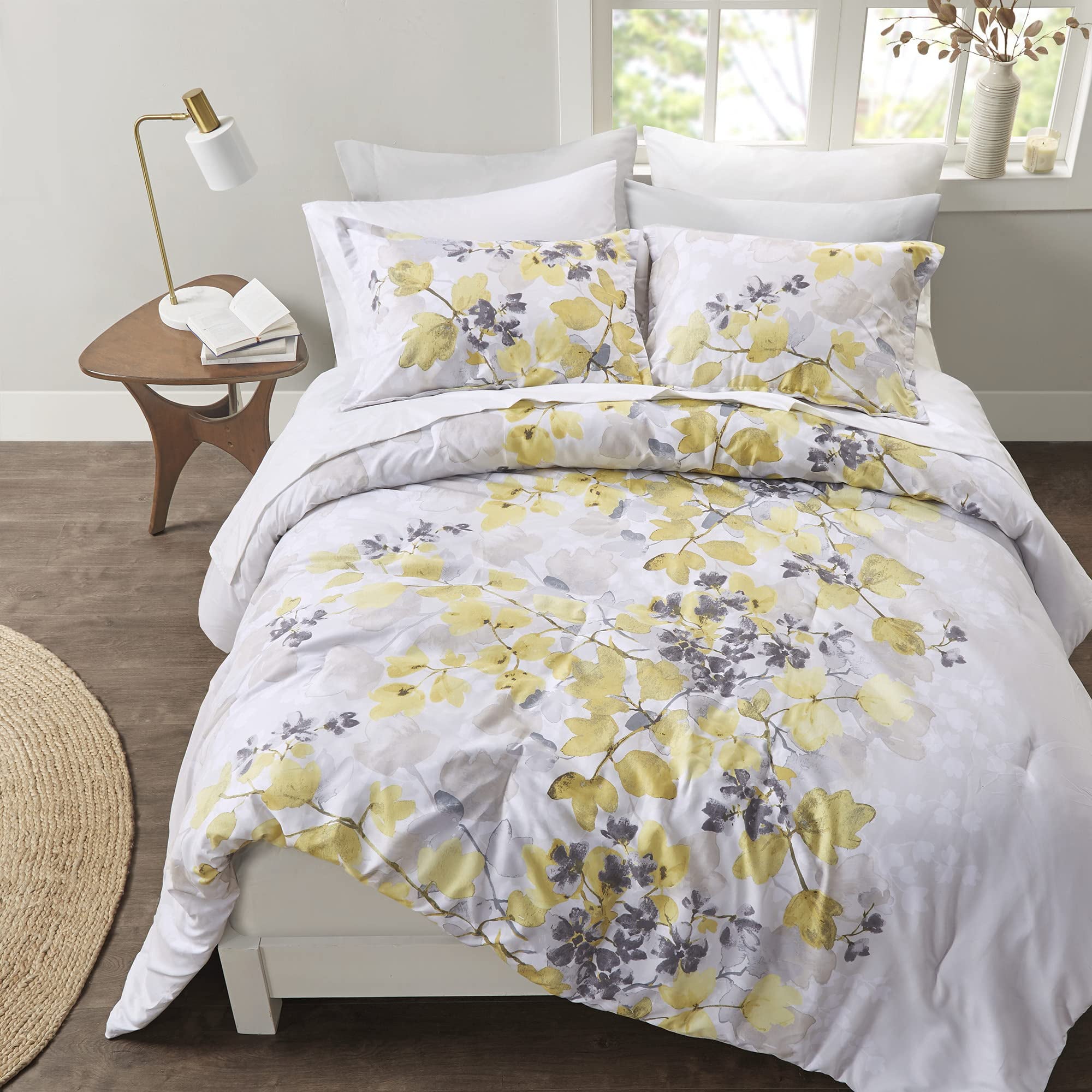 Comfort Spaces Nina Microfiber 9-Piece Yellow Botanical Bed in a Bag Comforter Set， Queen