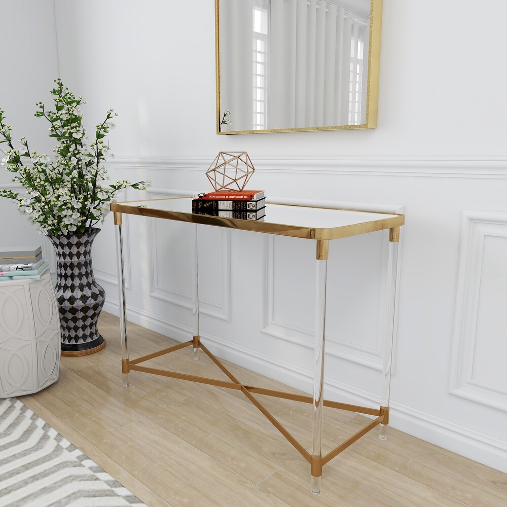 Gold Metal Contemporary Console Table with Mirrored Top and Acrylic Legs