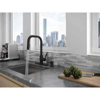 Pfister Zanna Single Handle Pull Down Sprayer Kitchen Faucet with Deckplate and Soap Dispenser in Matte Black F-529-7ZNRB