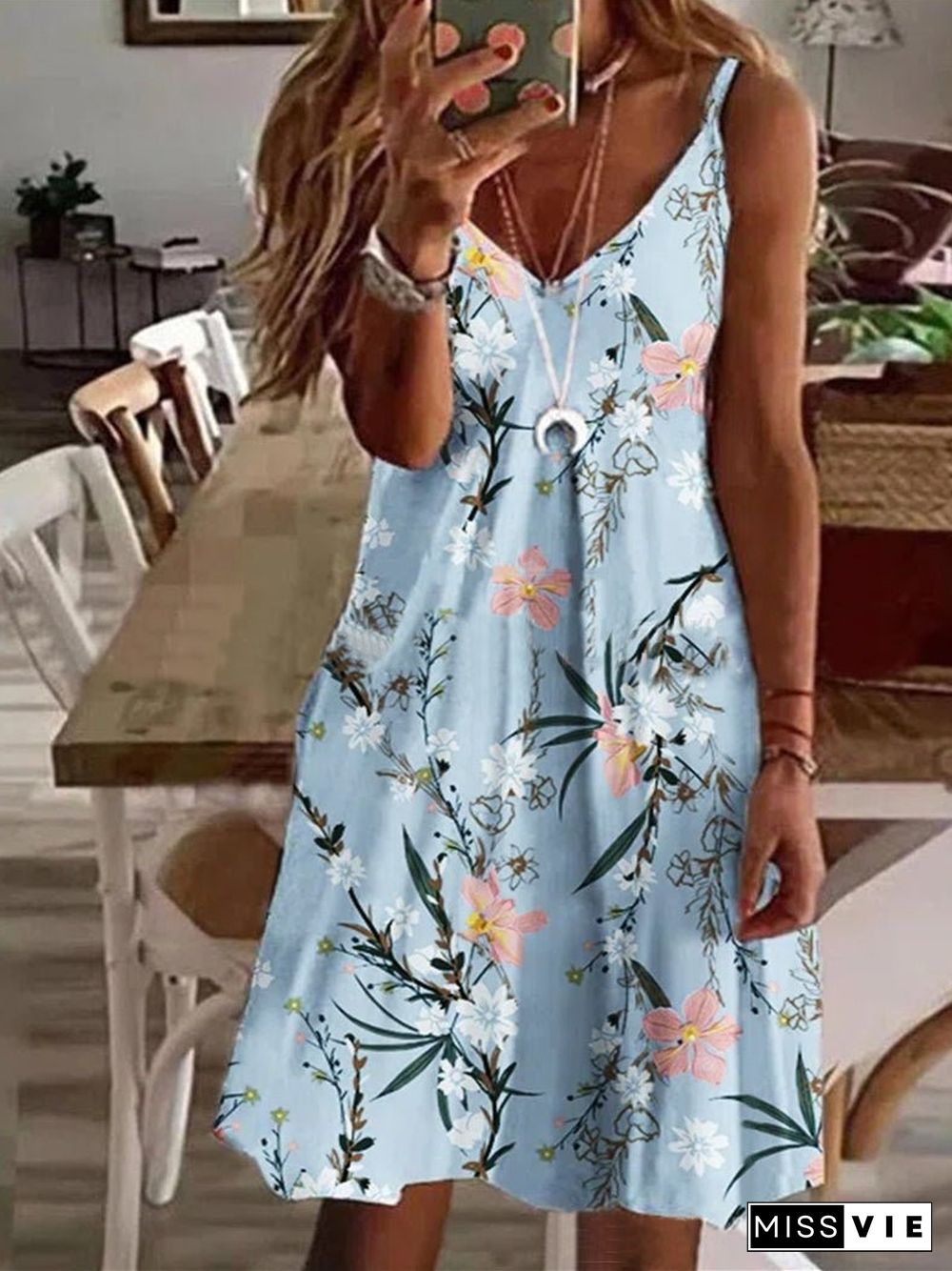 Women'S Dresses Casual Printed V-Neck Sleeveless Dress