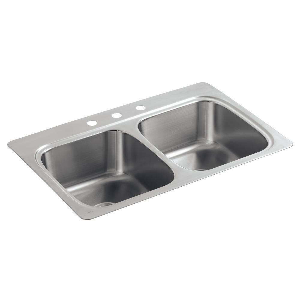 KOHLER Verse Drop-In Stainless Steel 33 in. 3-Hole 5050 Double Bowl Kitchen Sink K-5267-3-NA