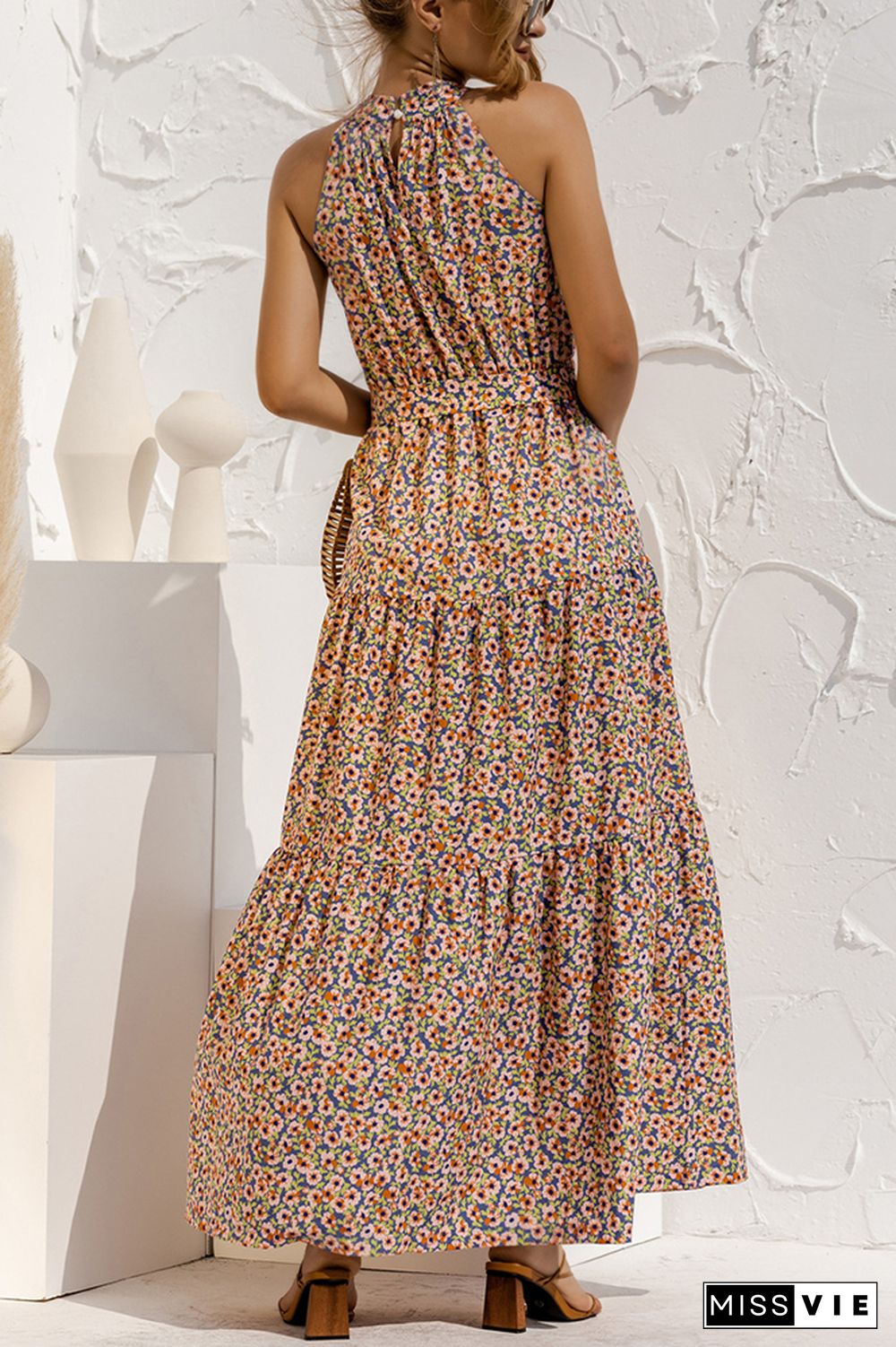 Halter Polka Dot Print Tie Waist Maxi Dress Wholesale