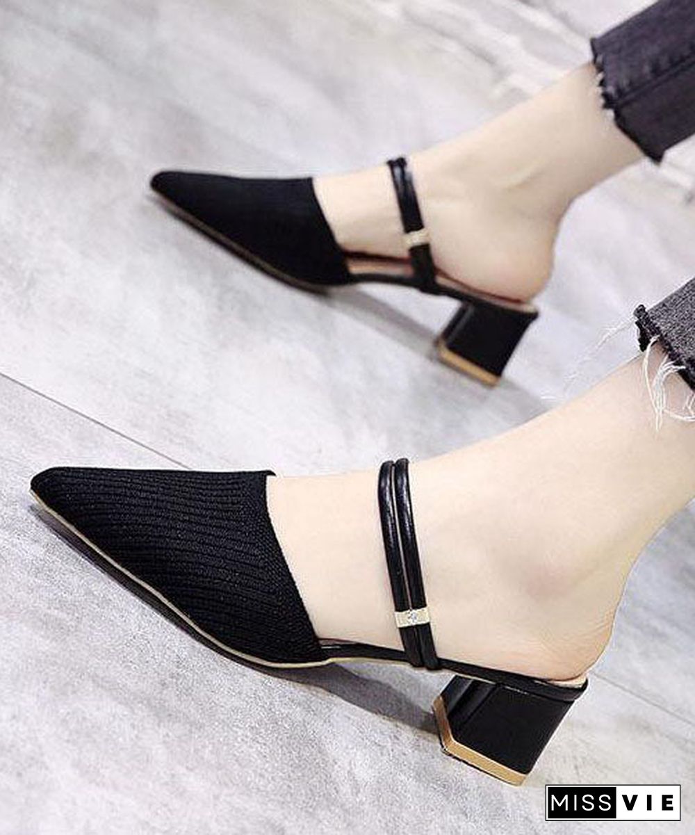 Chic Pointed Toe Splicing Chunky Slide Sandals Black Knit Fabric