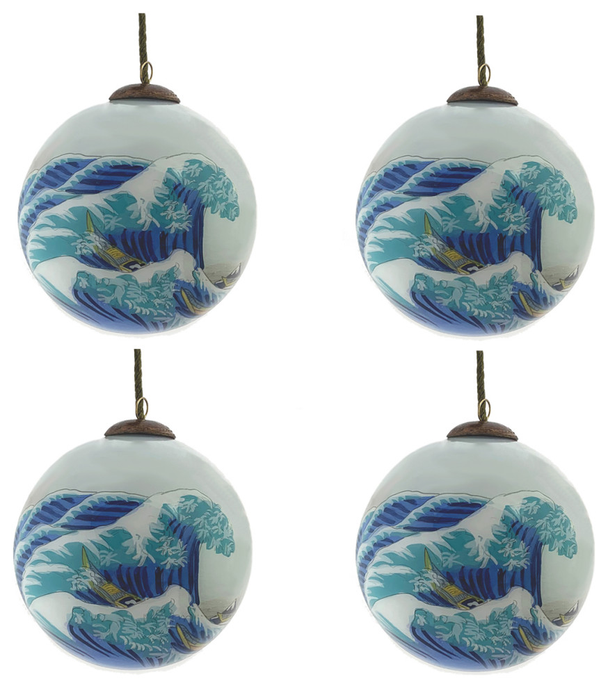 The Great Wave of Kanagawa Glass Ornament Collection  Set of 4   Industrial   Christmas Ornaments   by overstockArt  Houzz