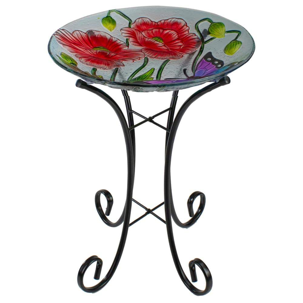 Northlight 21 in. Butterfly and Carnations Hand Painted Glass Outdoor Birdbath 34303456