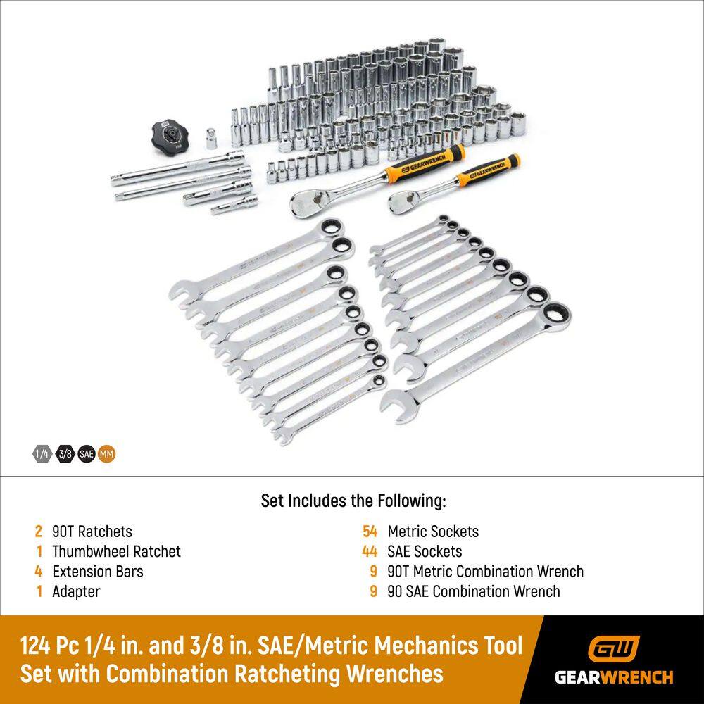 GEARWRENCH 14 in. and 38 in. SAEMetric Mechanics Tool Set with Combination Ratcheting Wrenches (124-Piece) 83001698COMBO