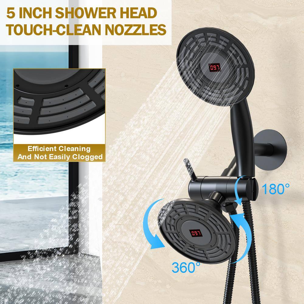 CRANACH Single Handle 3-Spray Tub and Shower Faucet 2.5 GPM Temperature Display Shower Head in Matte Black (Valve Included) SRSFS-1020-BK5