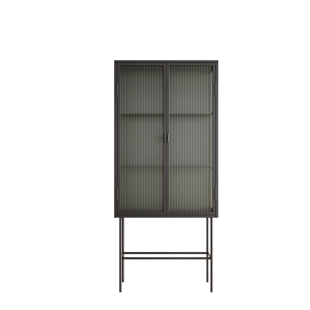 Retro Style Glass High Cabinet with Three Wide Enclosed Shelves