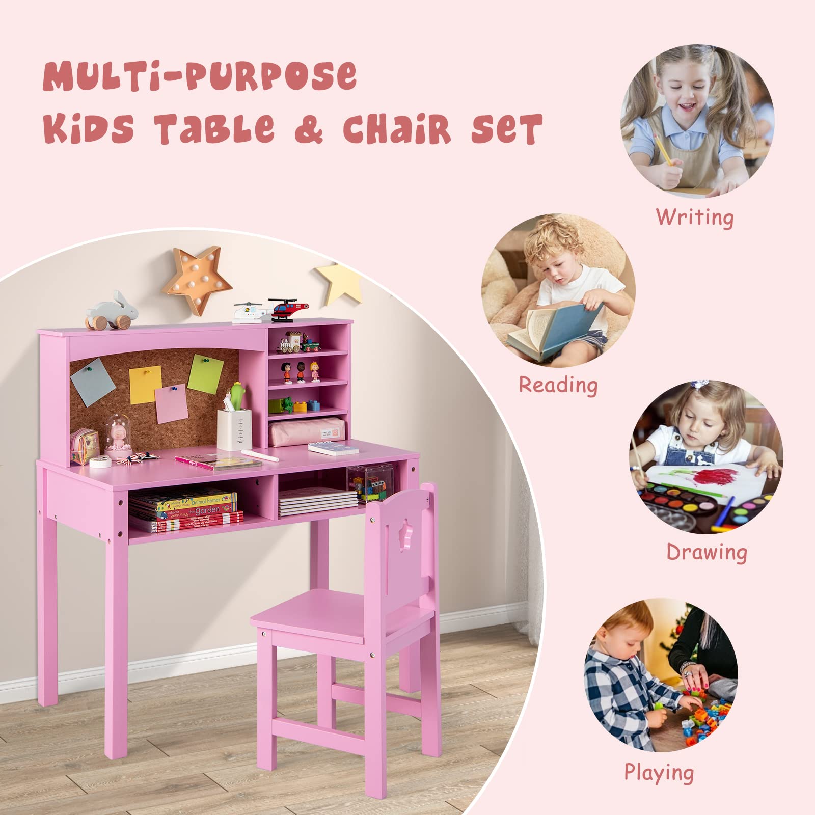 Costzon Kids Desk and Chair Set, Student Study Table with Chair, Hutch, Cork Bulletin Board, Storage Shelves