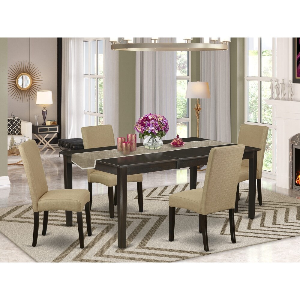 East West Furniture Dining Table Set   A Kitchen Table and Brown Linen Fabric Parson Chairs  Cappuccino(Pieces Options)