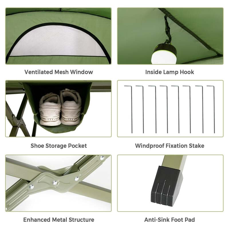 2-Person 4-in-1 Camping Cot Tent Off-Ground Elevated Folding Tent with Cover, Mattress & Roller Carrying Bag