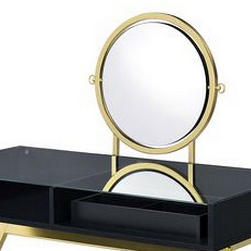 Vanity Desk with Round Mirror and Cross Metal Legs， Black and Gold