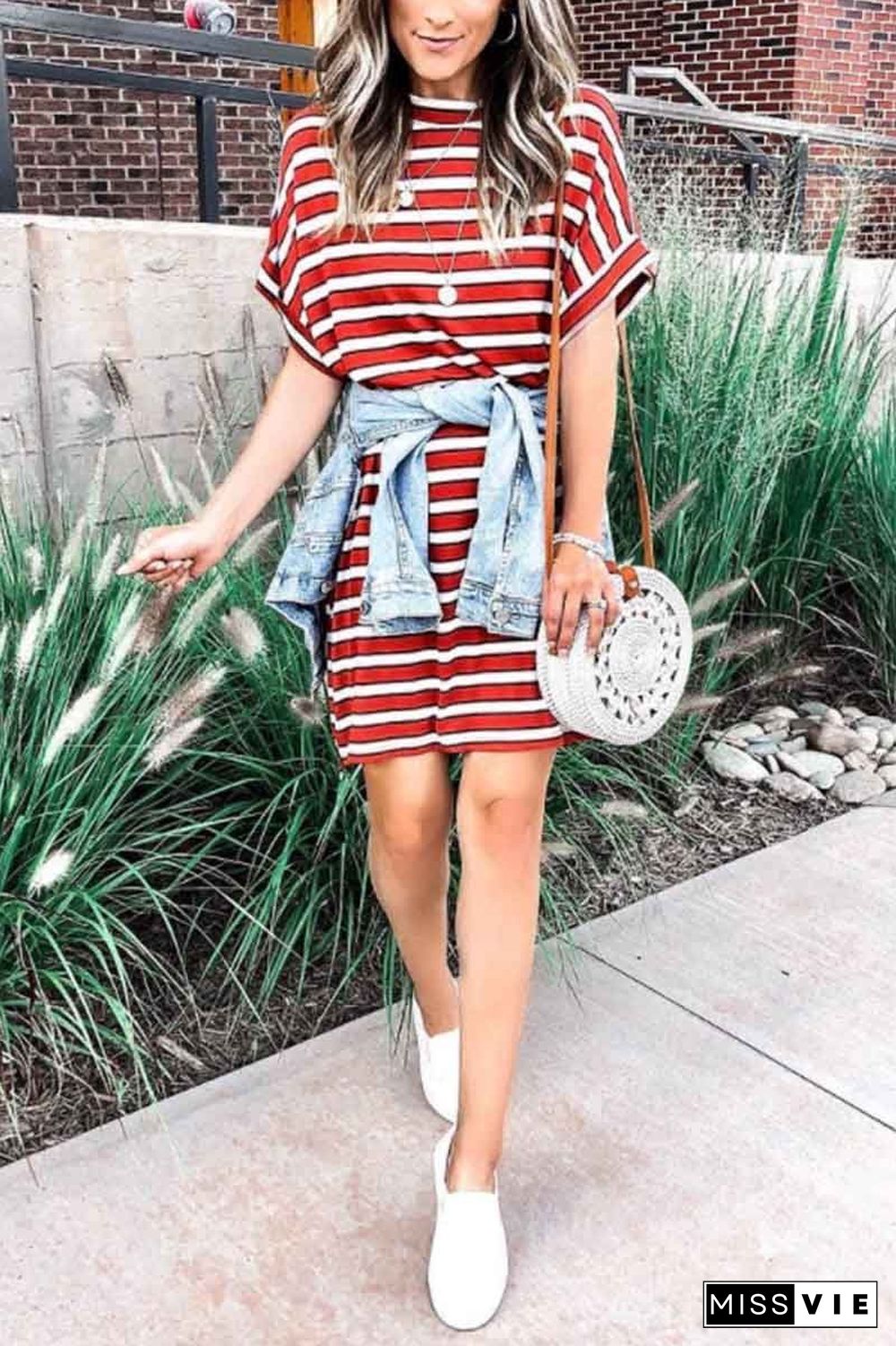 Casual Red Striped Mini Dress