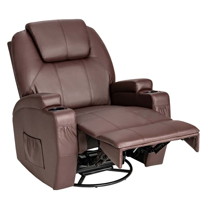 Leather Massage Recliner Chair 360 Degree Swivel Glider Rocker with Lumbar Heating & Remote Control