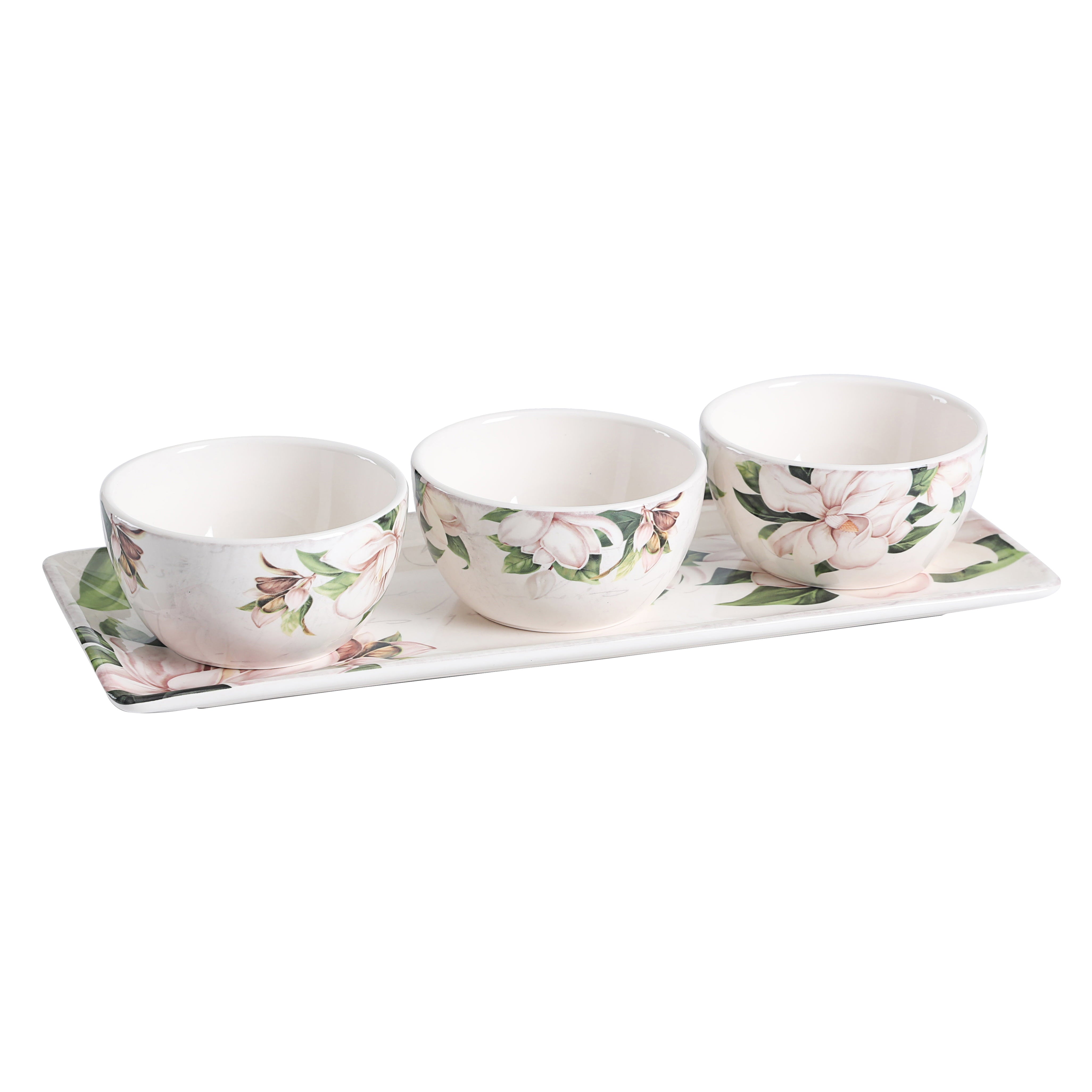 Bico Magnolia Floral Ceramic Dipping Bowl Set (9oz bowls with 14 inch platter)， for Sauce， Nachos， Snacks， Microwave and Dishwasher Safe