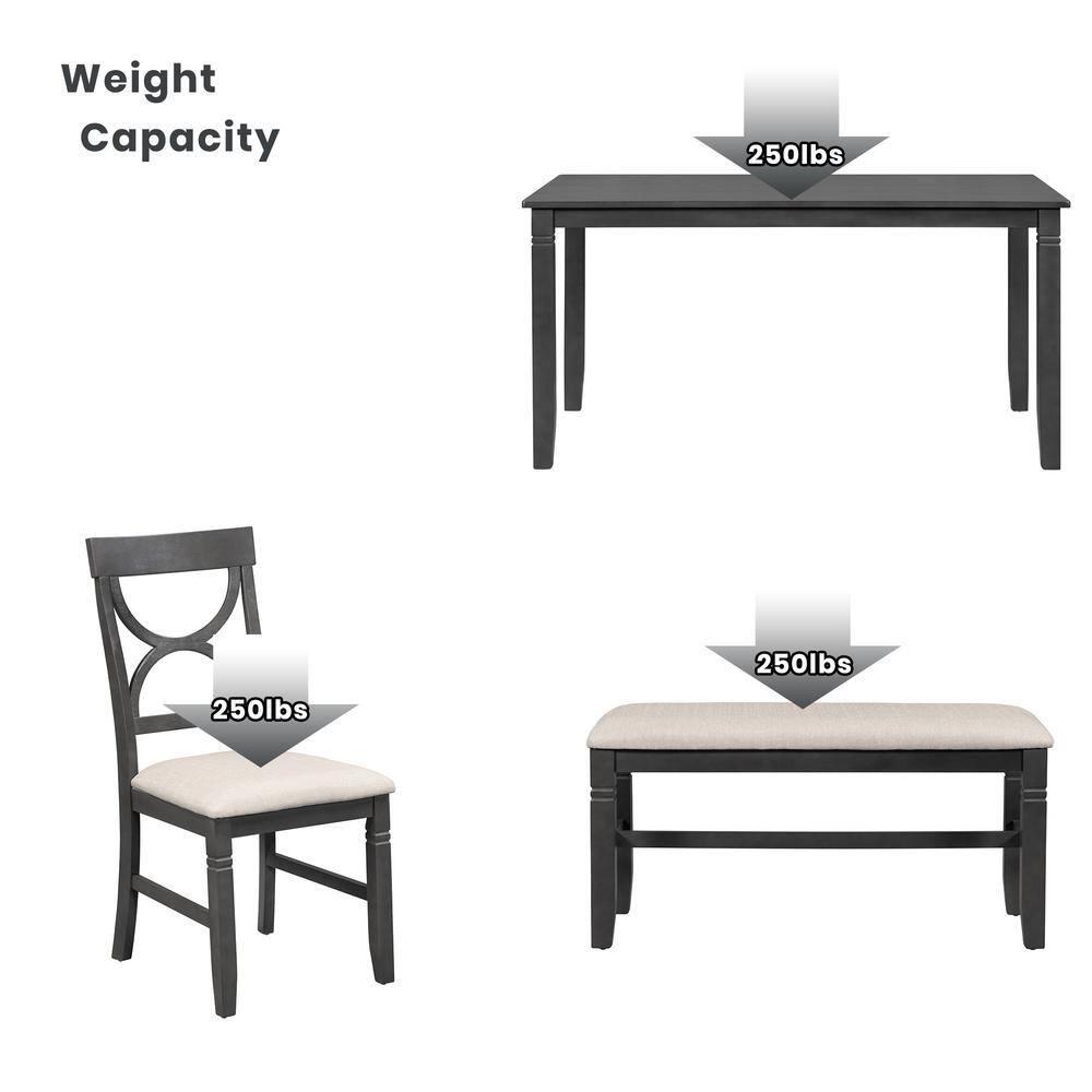 Harper  Bright Designs Farmhouse 6-piece Gray Rectangle MDF Top Dining Table Set Seats 6 with Upholstered Bench and 4 Chairs DT139AAE