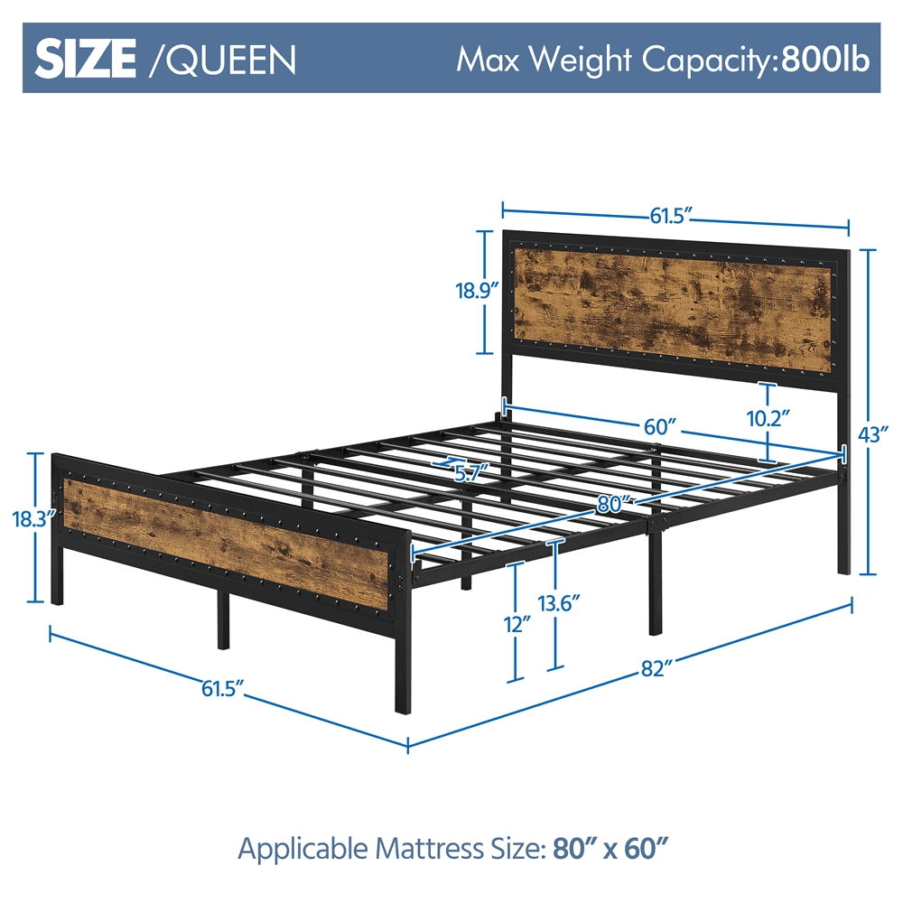 SMILE MART Industrial Metal Platform Bed with Wooden Headboard and Footboard, Rustic Brown, Queen