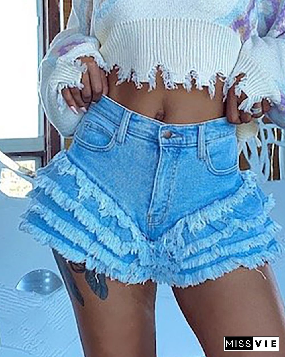 Fringe Hem Button Design High Waisted Denim Shorts