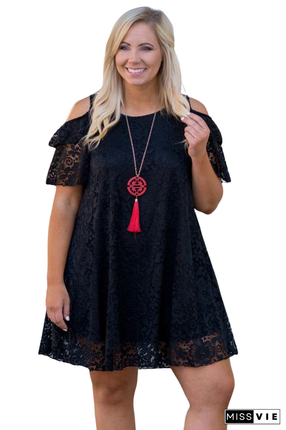 Black Cold Shoulder Lace Plus Size Dress